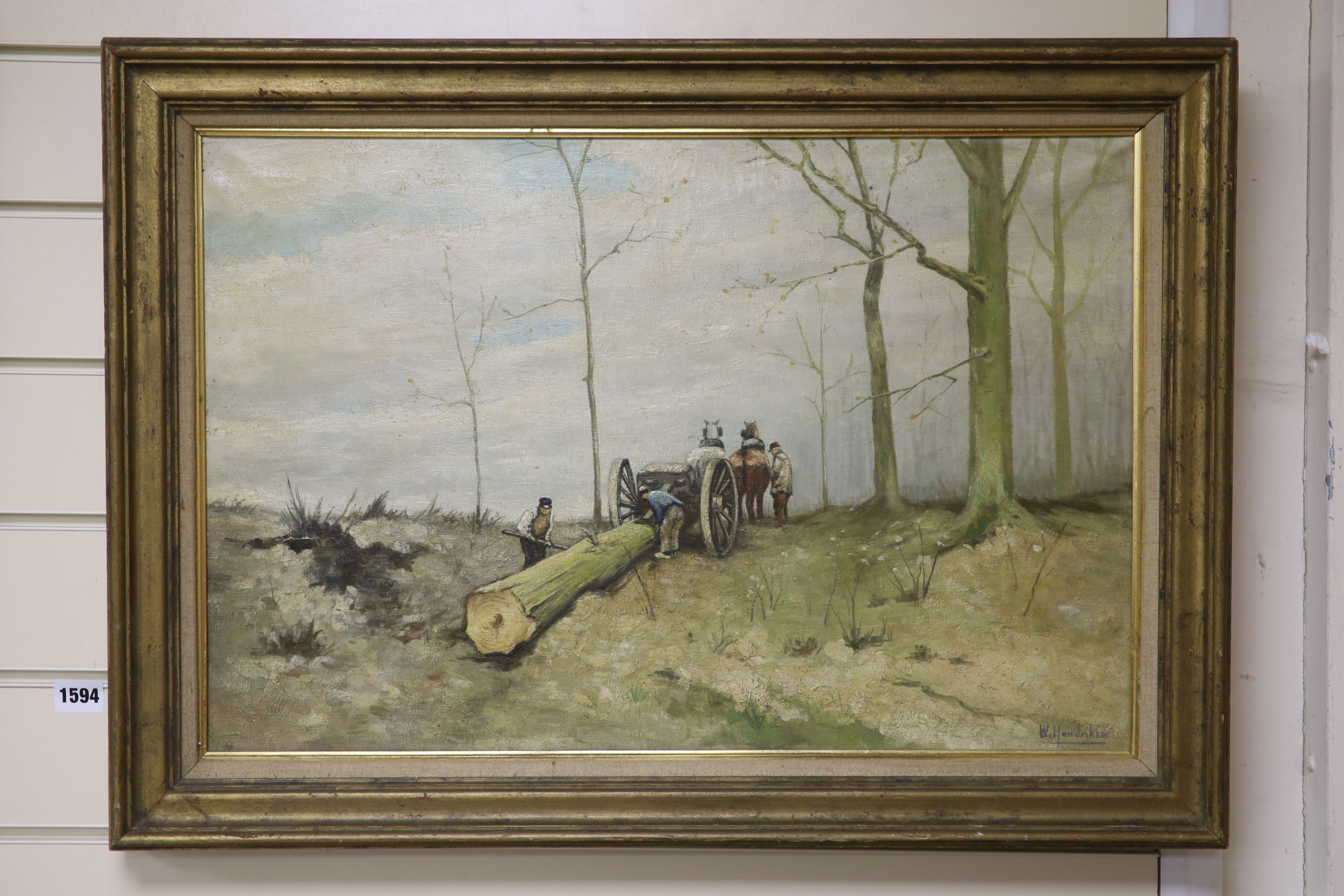 W. Hendrikse (Danish), oil on canvas, Timber haulers dragging a tree trunk, signed, 39 x 58cm